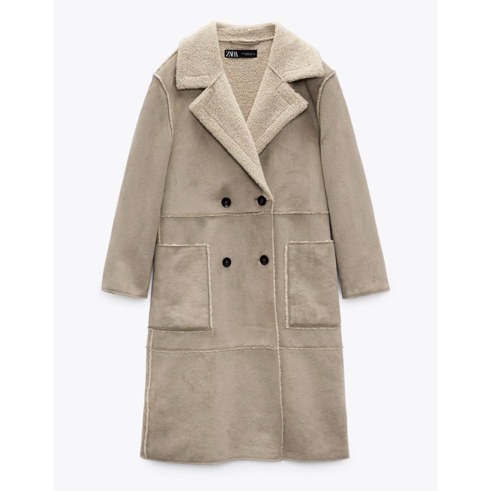 ZARA Contrasting Fleece Suede Long Coat Size Large - Picture 2 of 14